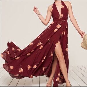 Reformation Waltz Dress- Floral Halter Maxi Dress - Wrap - Burgundy